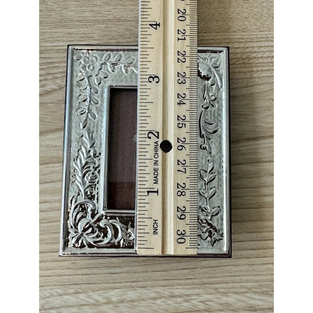 Ornate Floral Silver Tone 1.5x2 Picture Frame Wood Back Easel